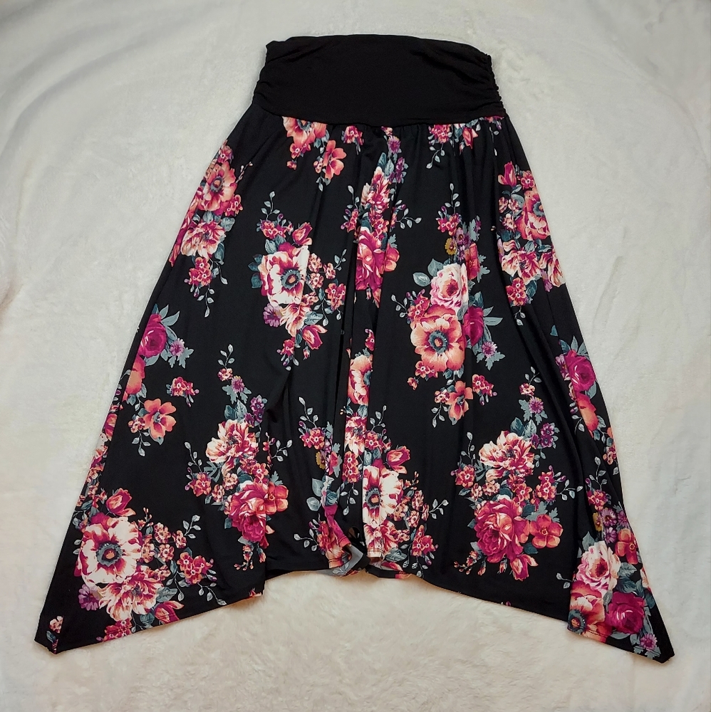 Apt. 9 Black Pink Floral Ruched Waist Long Skirt Stretch Size XXL